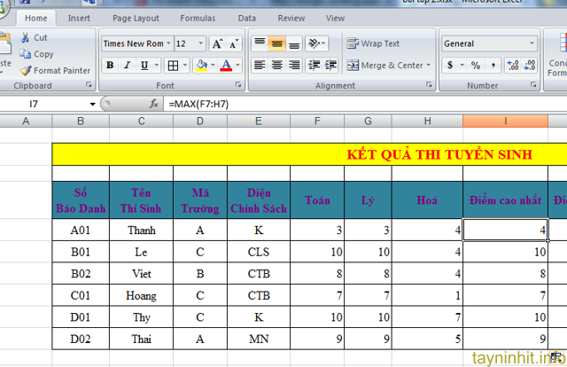 Sử dụng Hàm Min, Max trong Excel