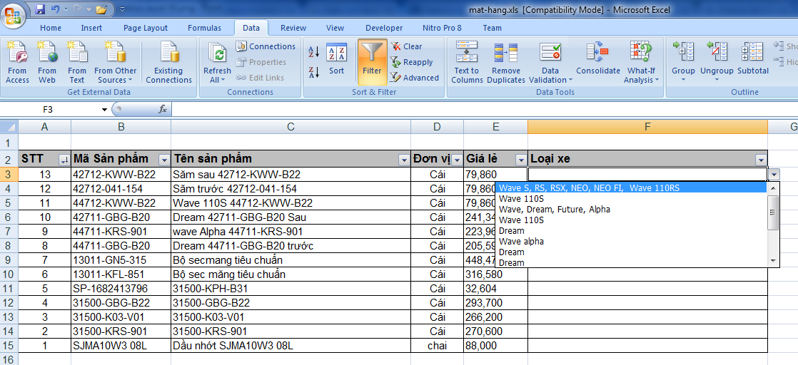 Tạo danh sách sổ xuống trong Excel 2007